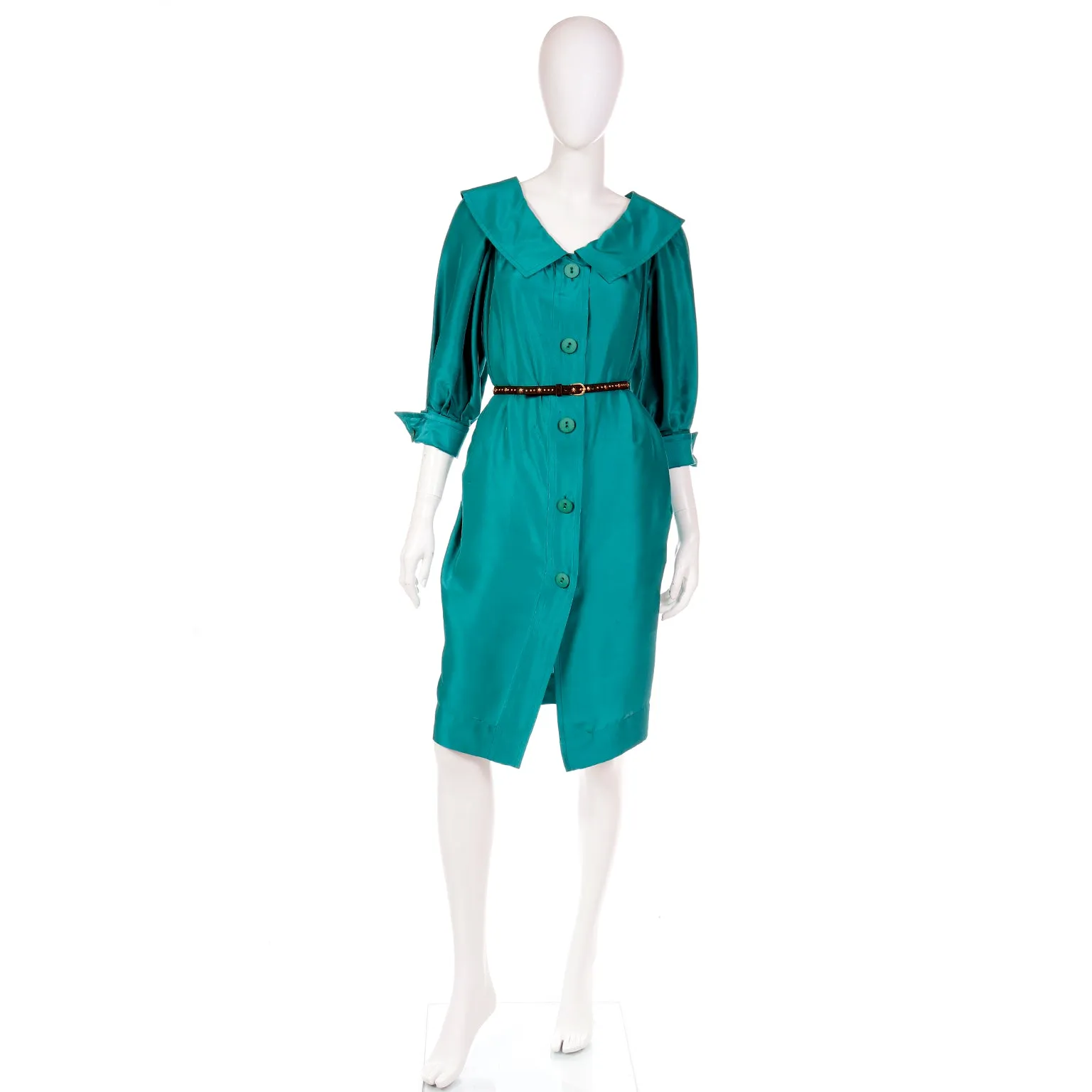 1970s Yves Saint Laurent Vintage Green Silk Dress w/ Chelsea Collar