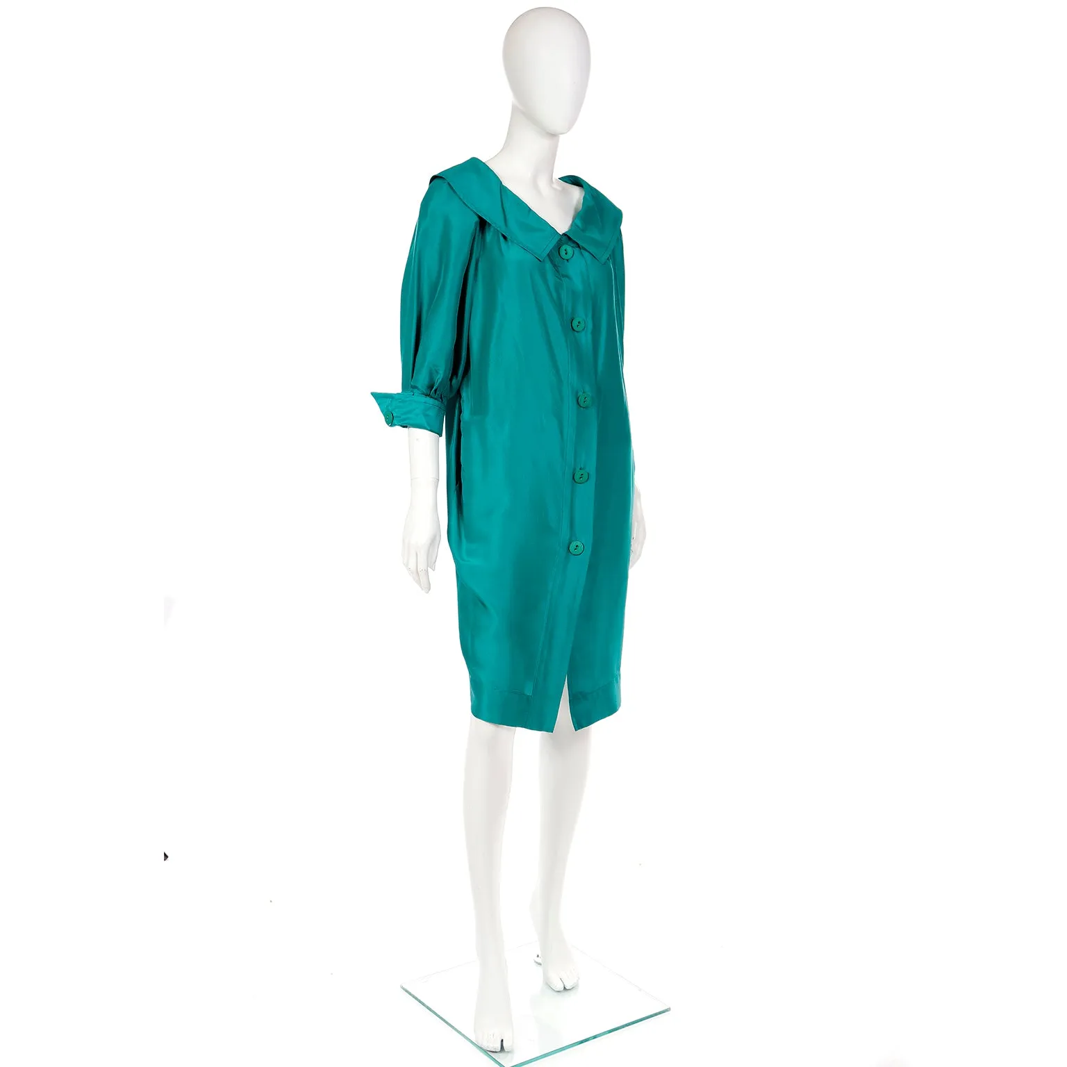 1970s Yves Saint Laurent Vintage Green Silk Dress w/ Chelsea Collar