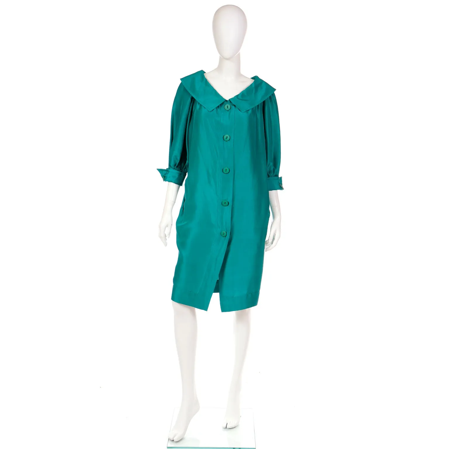 1970s Yves Saint Laurent Vintage Green Silk Dress w/ Chelsea Collar