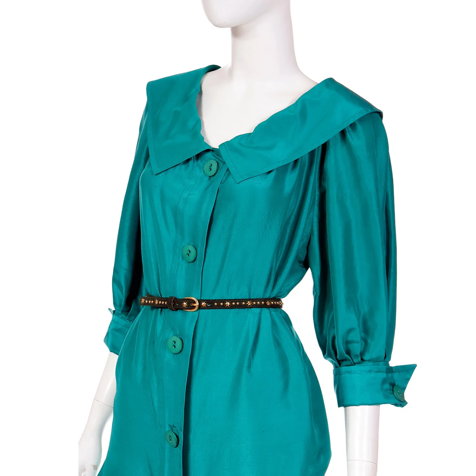 1970s Yves Saint Laurent Vintage Green Silk Dress w/ Chelsea Collar