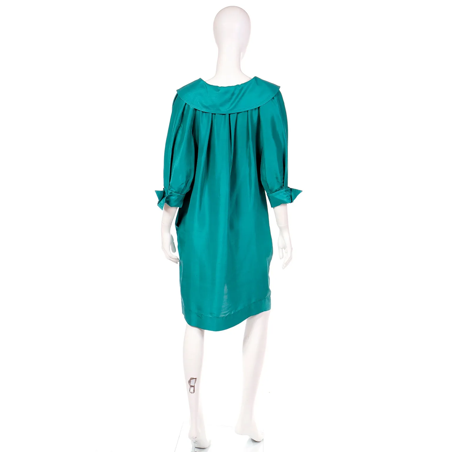 1970s Yves Saint Laurent Vintage Green Silk Dress w/ Chelsea Collar