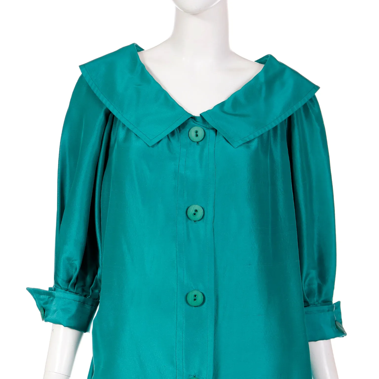 1970s Yves Saint Laurent Vintage Green Silk Dress w/ Chelsea Collar