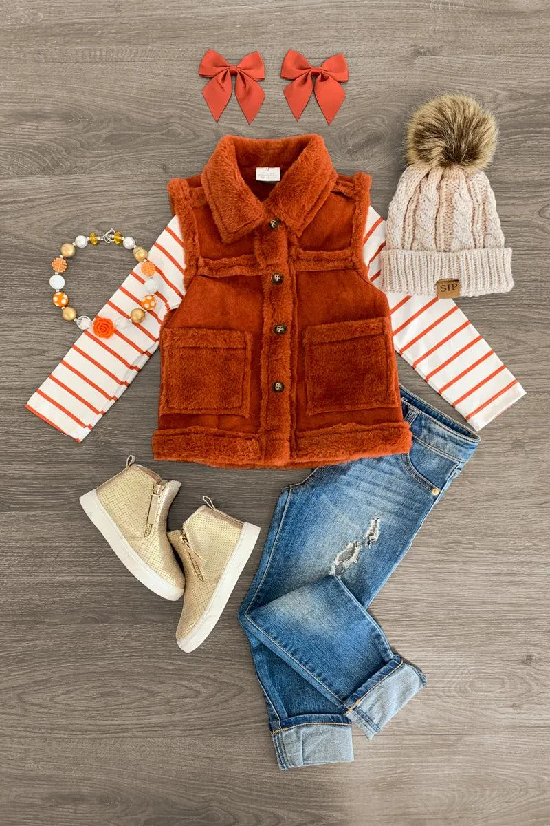 2 Piece - Orange Suede Fur Vest Set