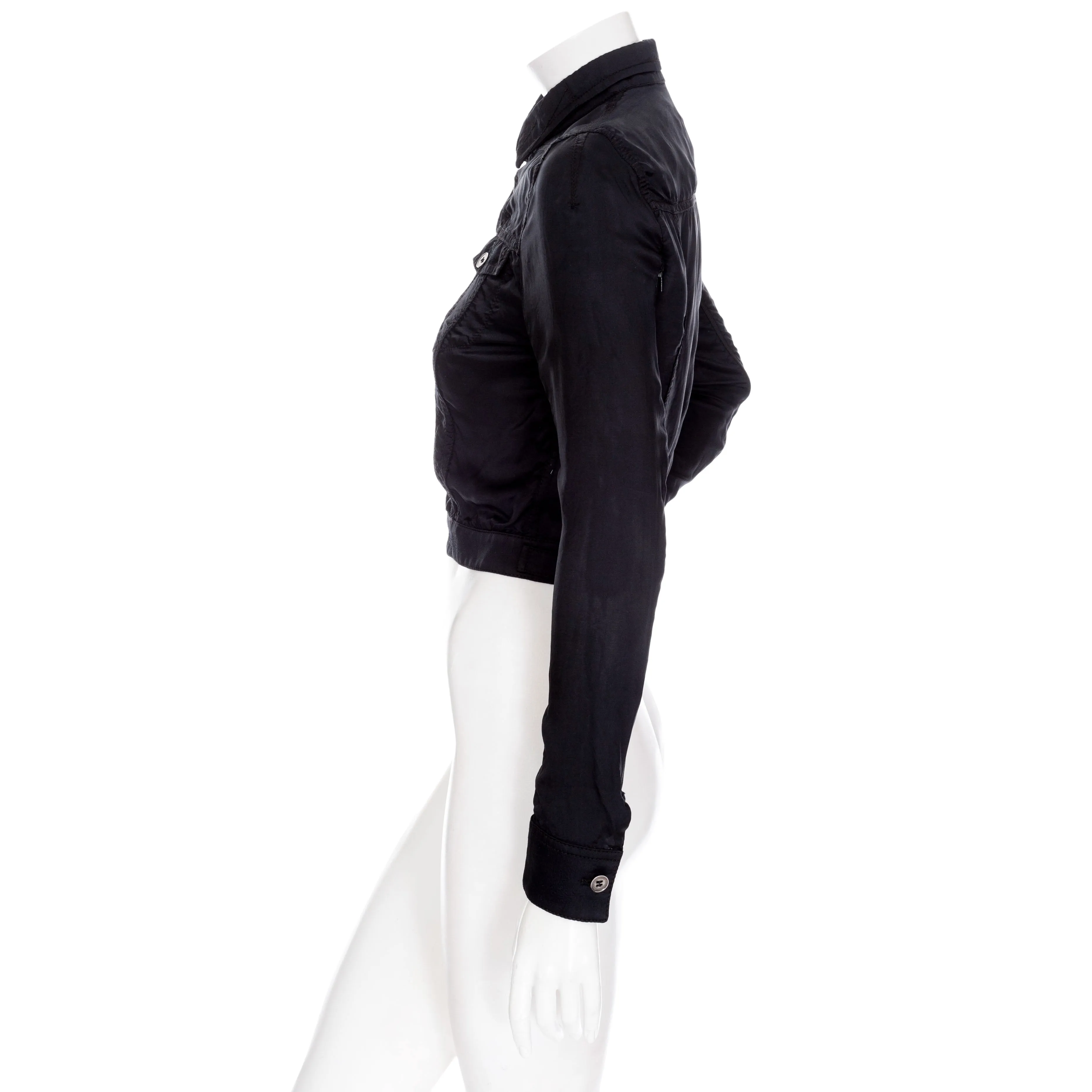 2002 Black Viscose Cropped Bomber Zipper Sleeve Jacket