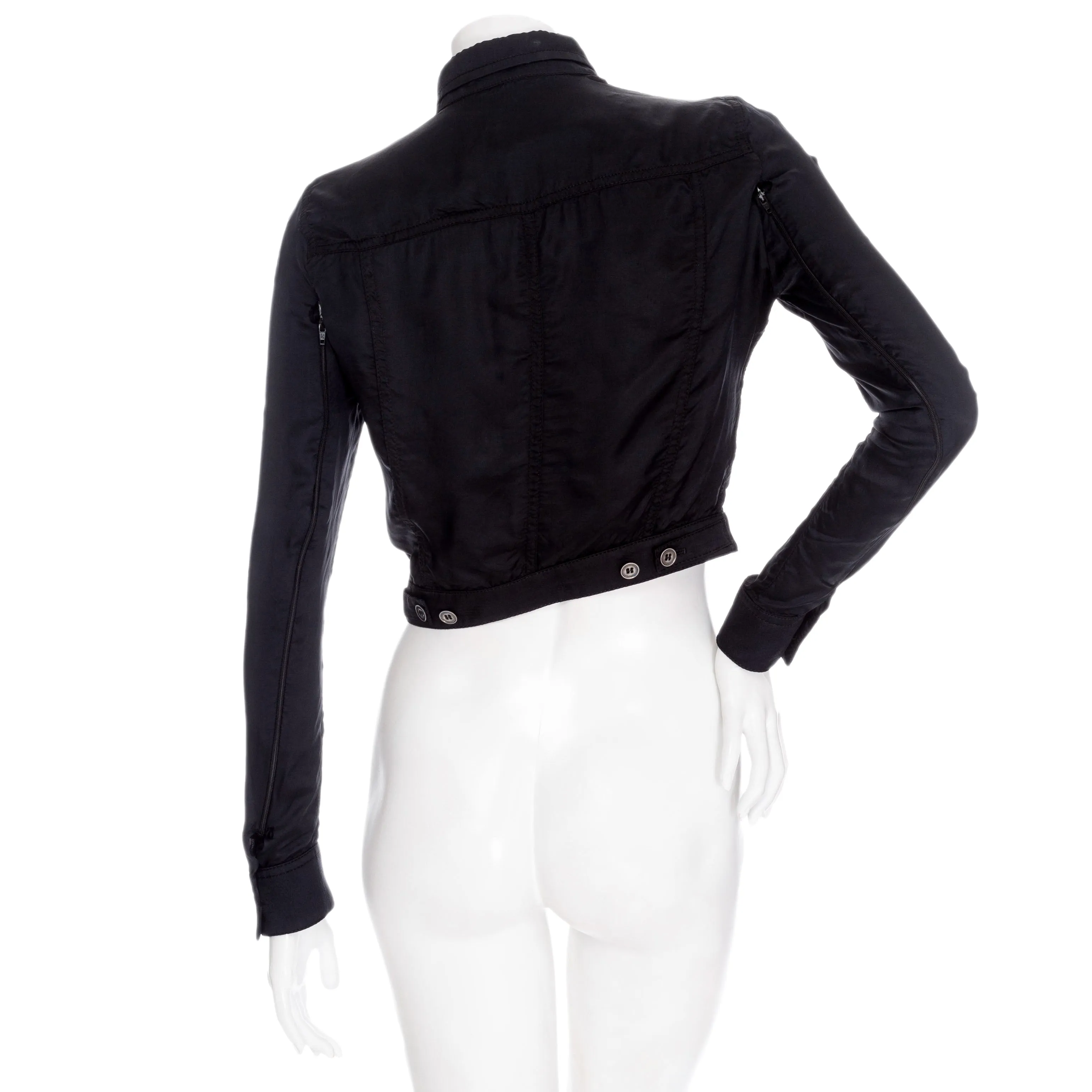 2002 Black Viscose Cropped Bomber Zipper Sleeve Jacket