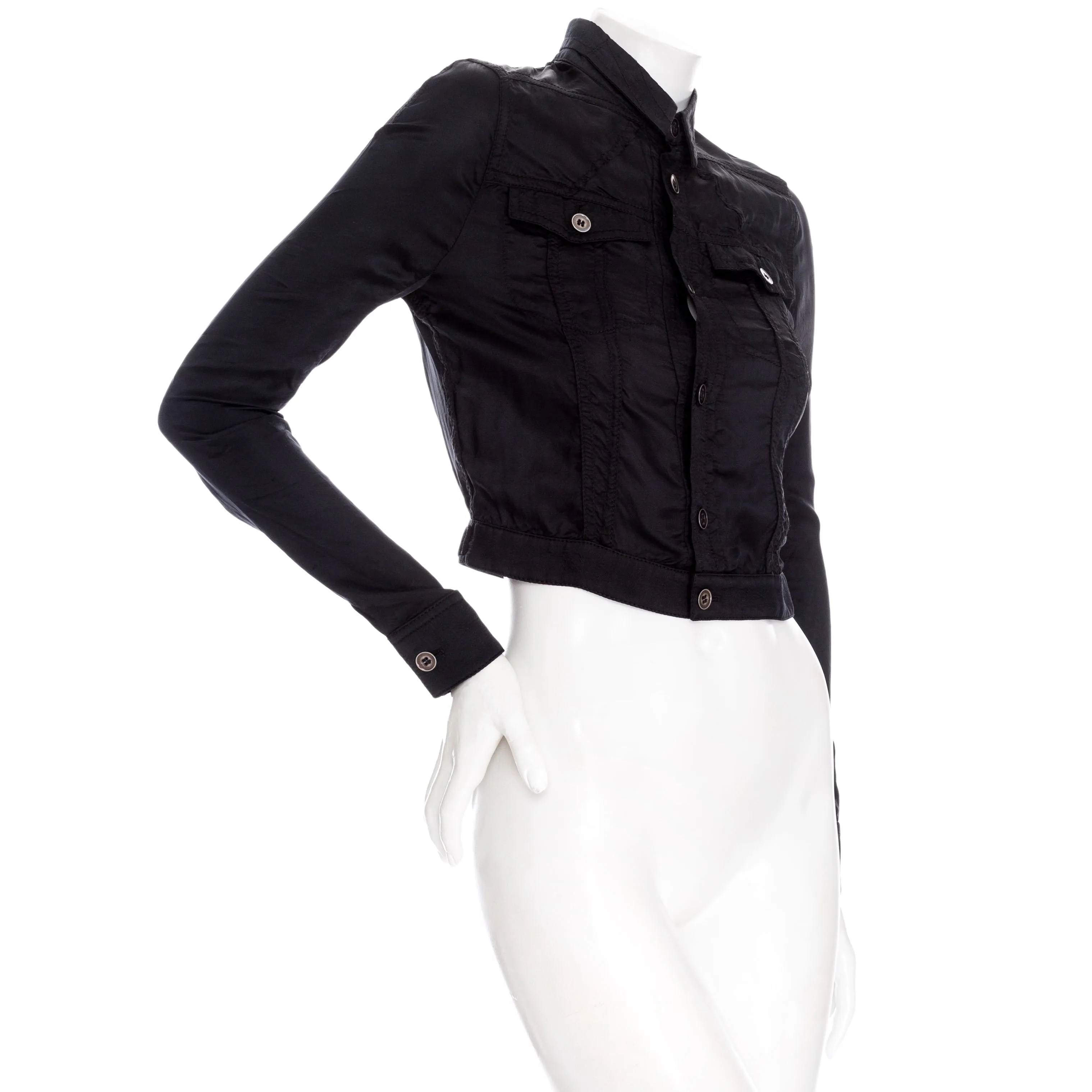 2002 Black Viscose Cropped Bomber Zipper Sleeve Jacket