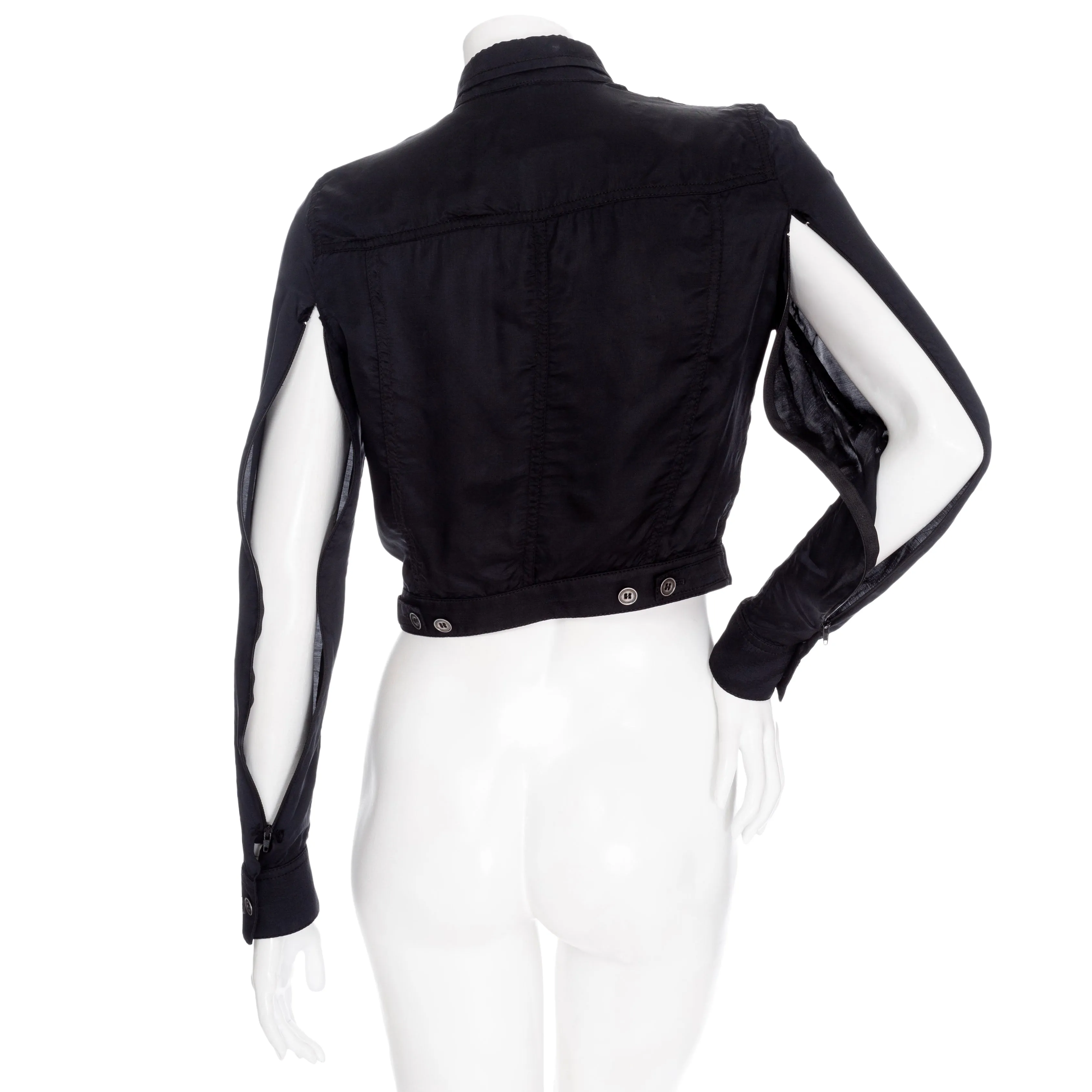 2002 Black Viscose Cropped Bomber Zipper Sleeve Jacket