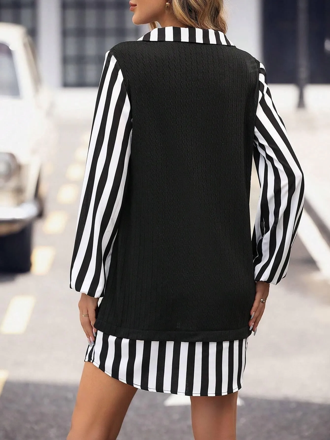 A Chic and Versatile Addition to Your Wardrobe with Striped Print Lantern Sleeve 2-In-1 Dress