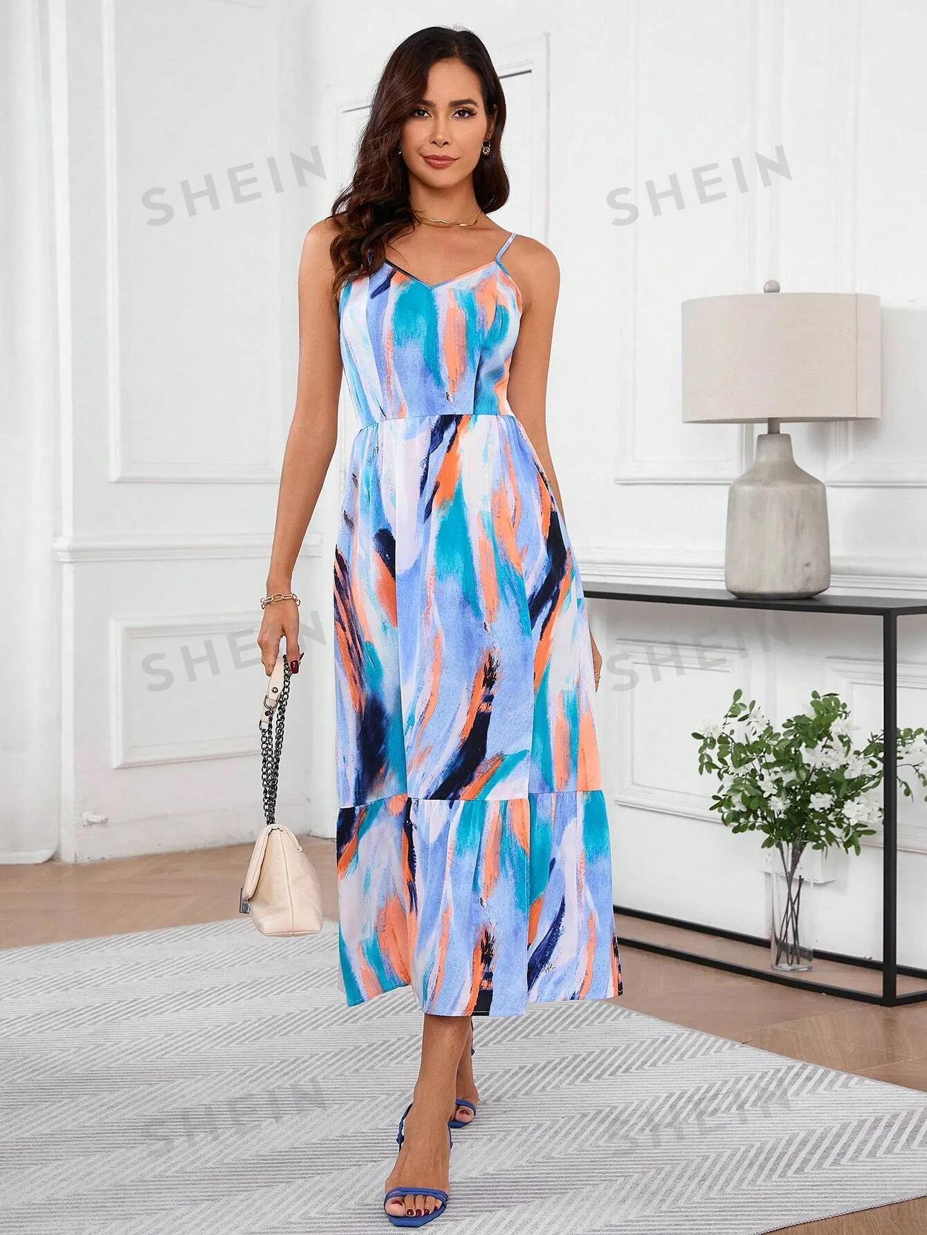 Abstract Elegance: Ruffled Hem Spaghetti Strap Dress