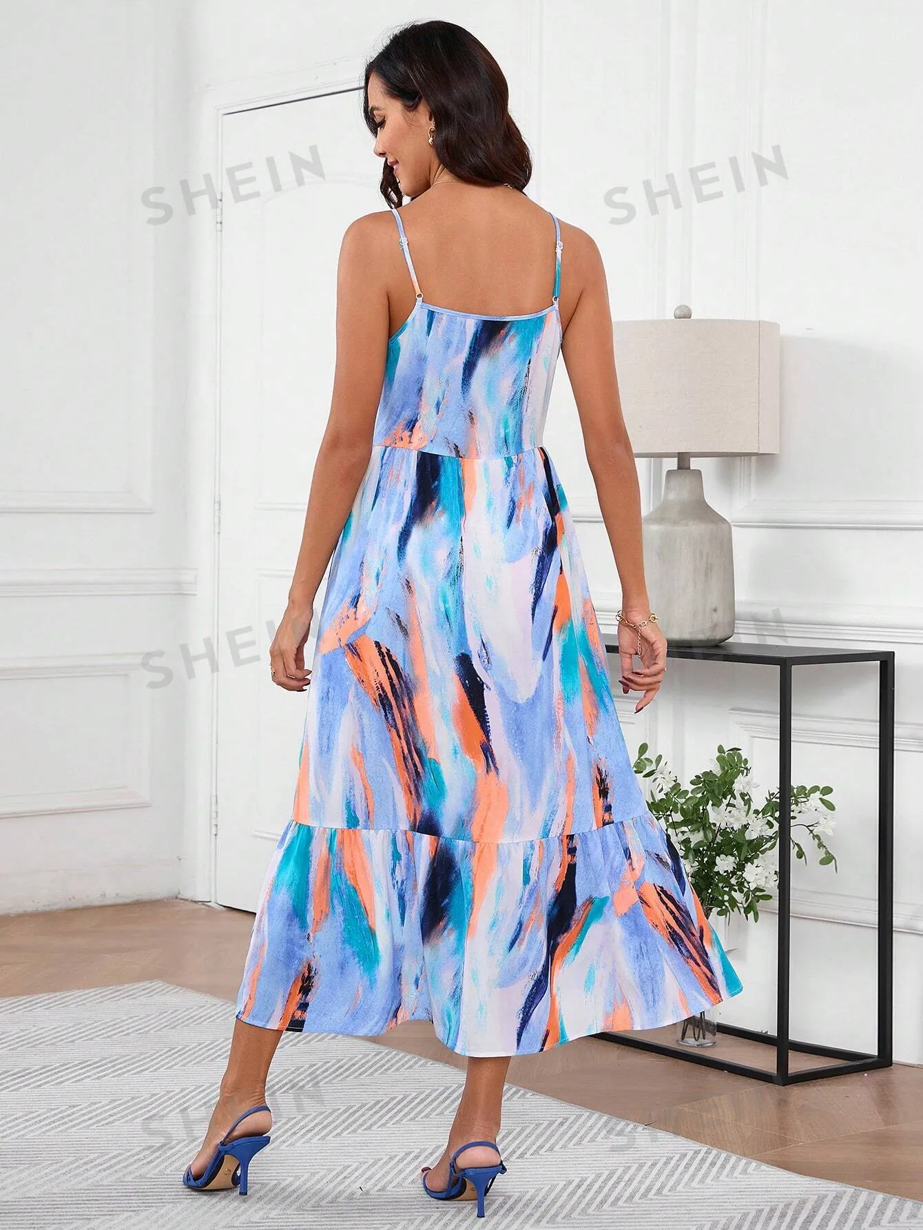 Abstract Elegance: Ruffled Hem Spaghetti Strap Dress