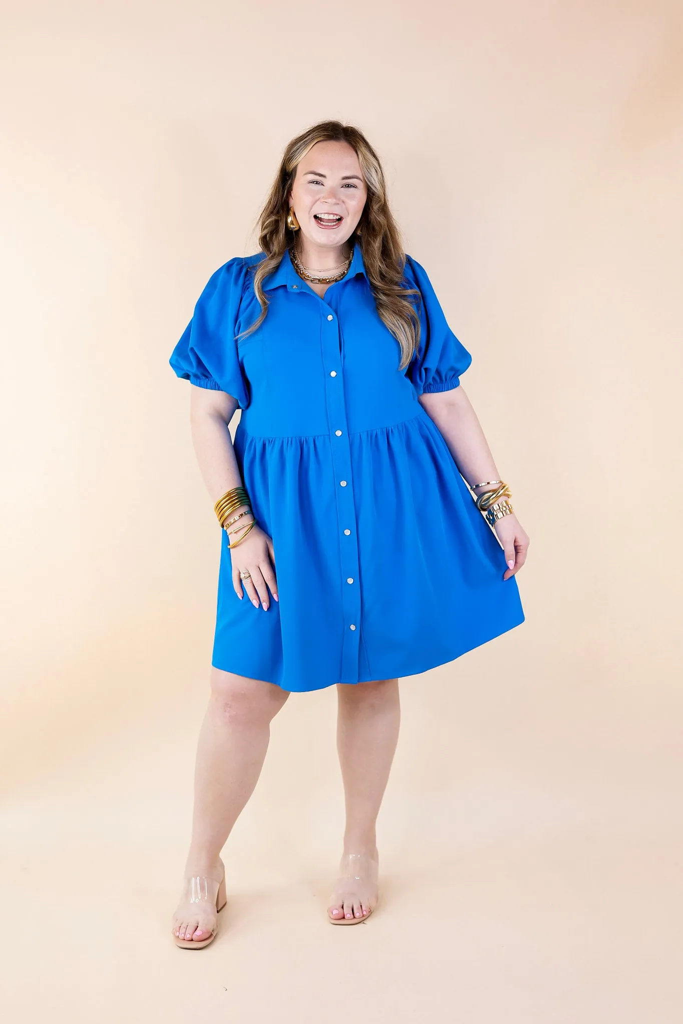 Adventures Ahead Button Up Babydoll Dress in Bright Blue