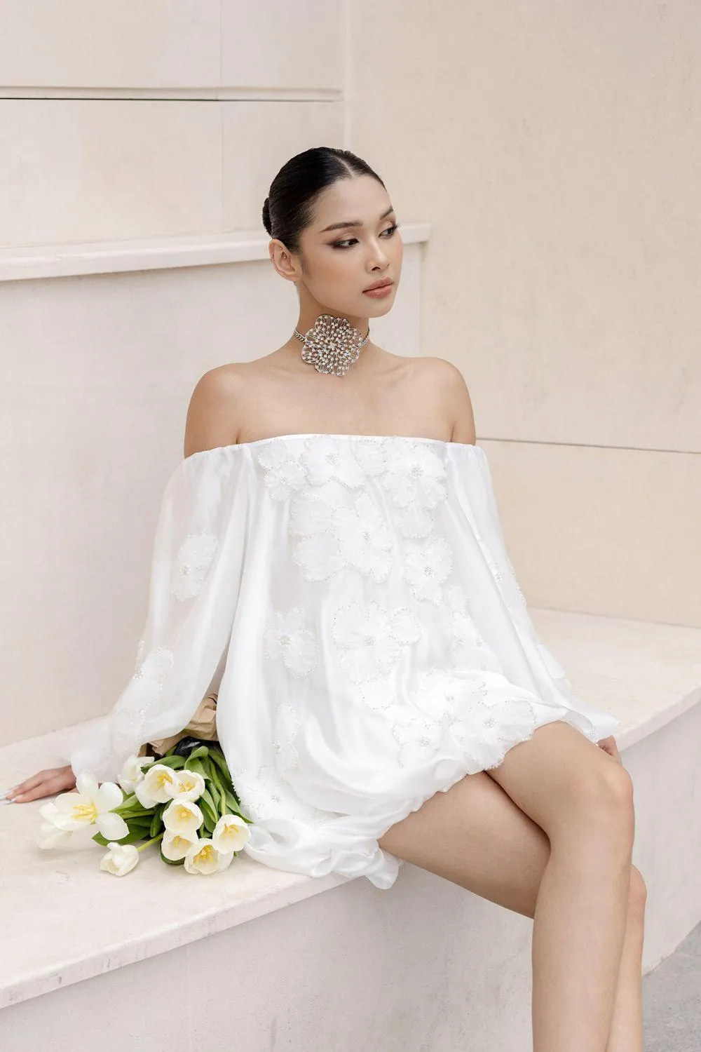 Aimee Babydoll Off-Shoulder Silk Mini Dress