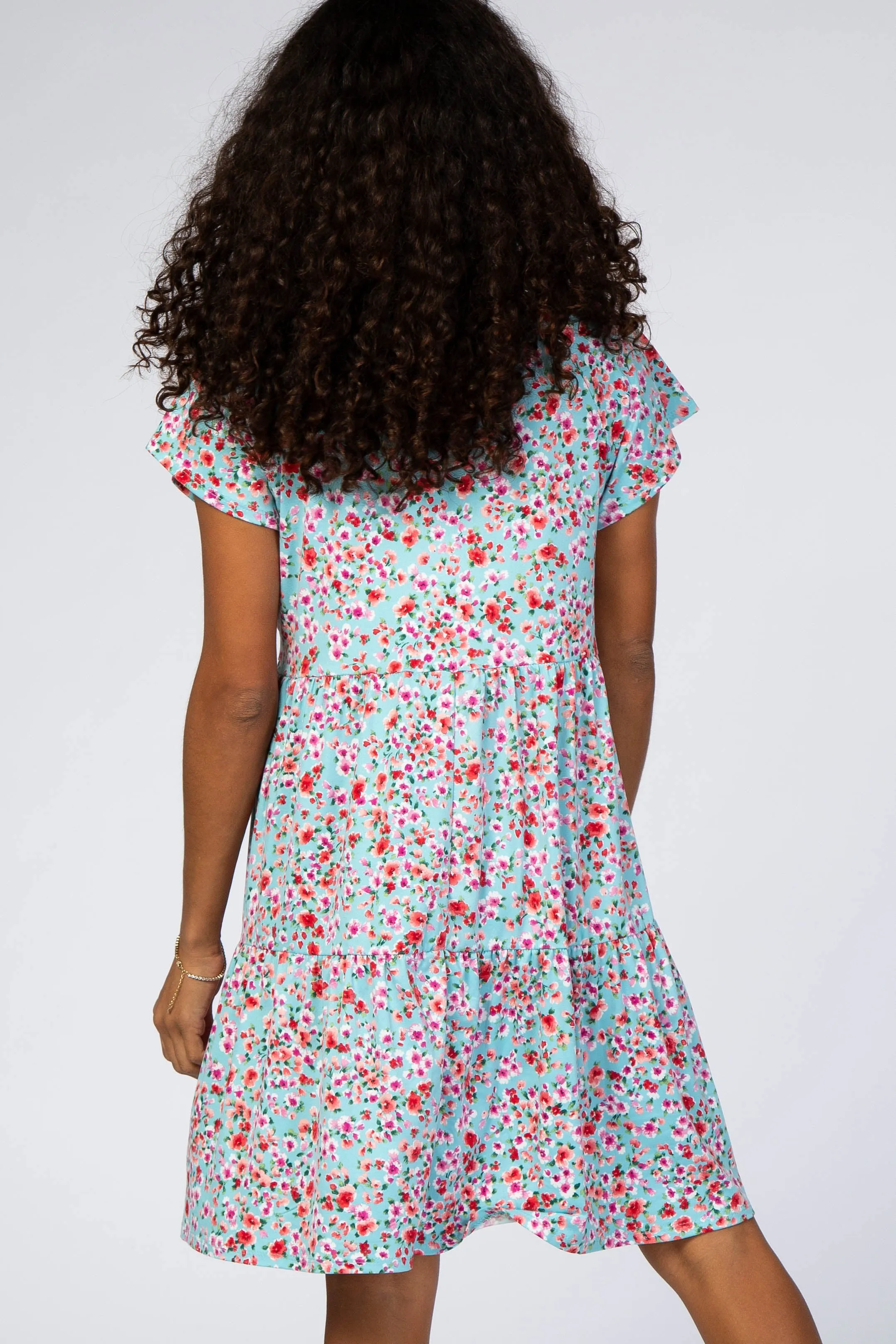 Aqua Floral Pleated Tier Babydoll Dress