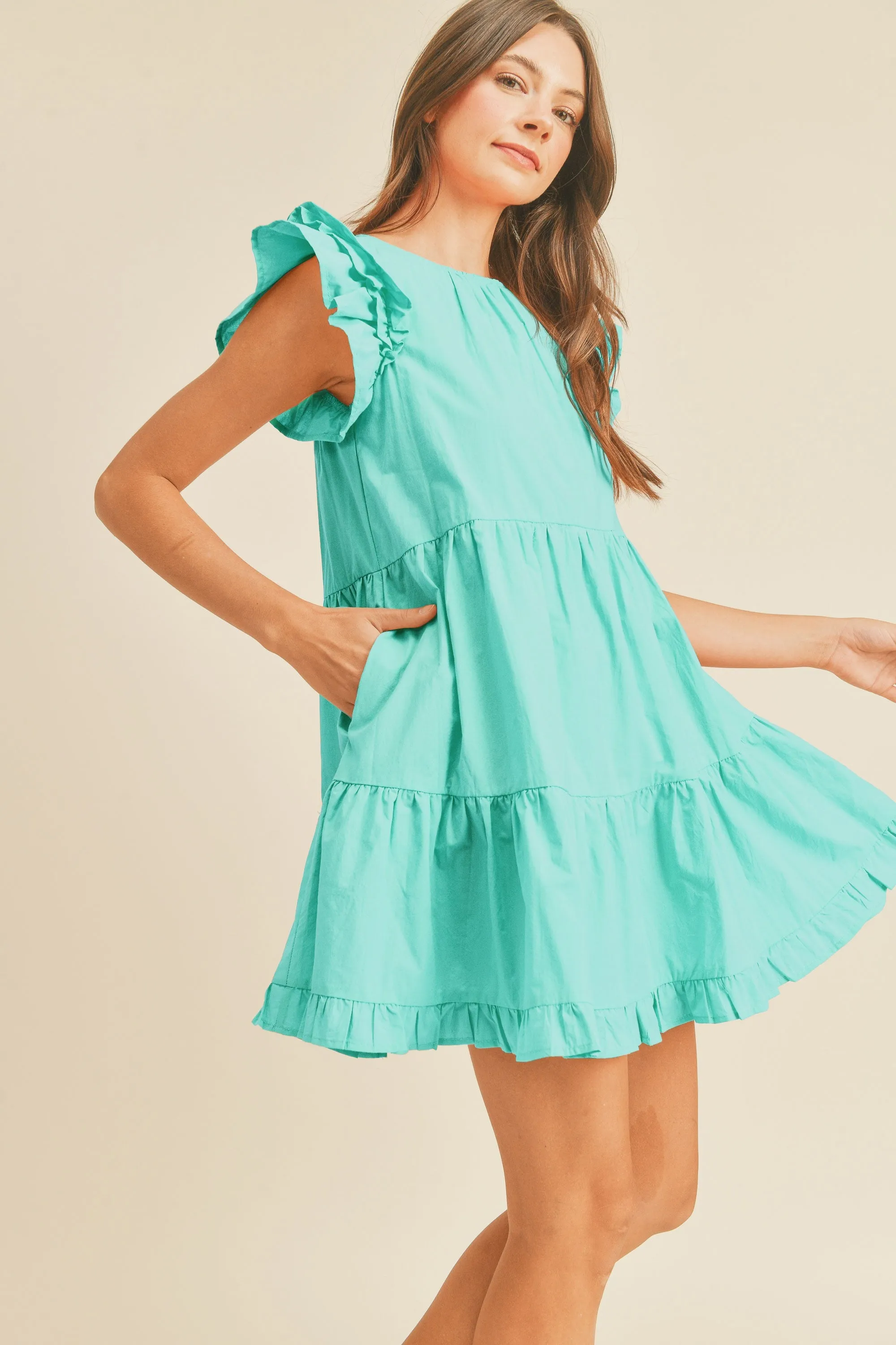 Aqua Flutter Sleeve Tiered Babydoll Dress