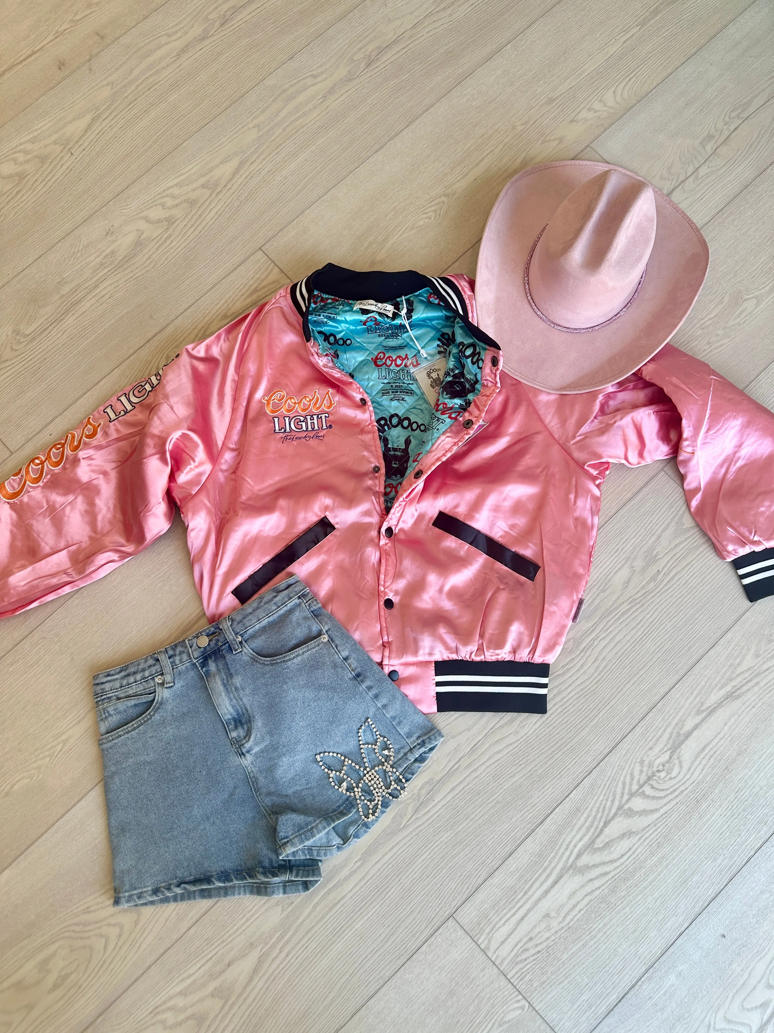 AS SEEN ON WHITNEY RIFE!! Licensed "Coors Light" Nylon Bomber Jacket in Pink