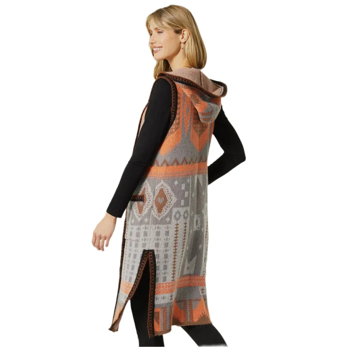 Aztec Hooded Long Vest Women