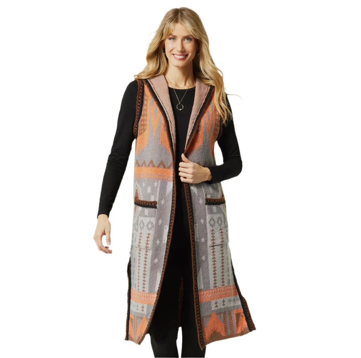 Aztec Hooded Long Vest Women