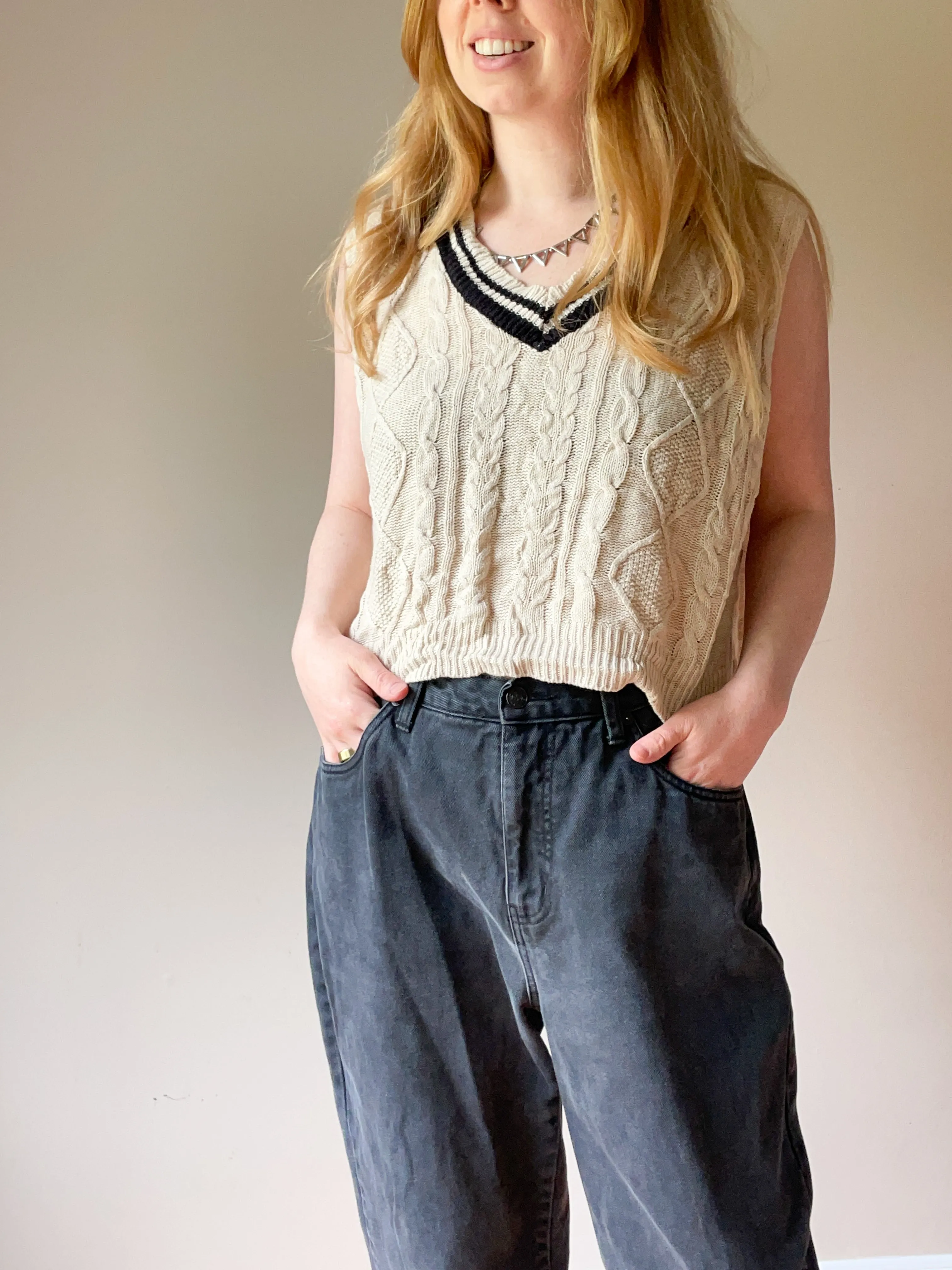 Beige V-Neck Hi-Low Knitted Vest Top - L/XL