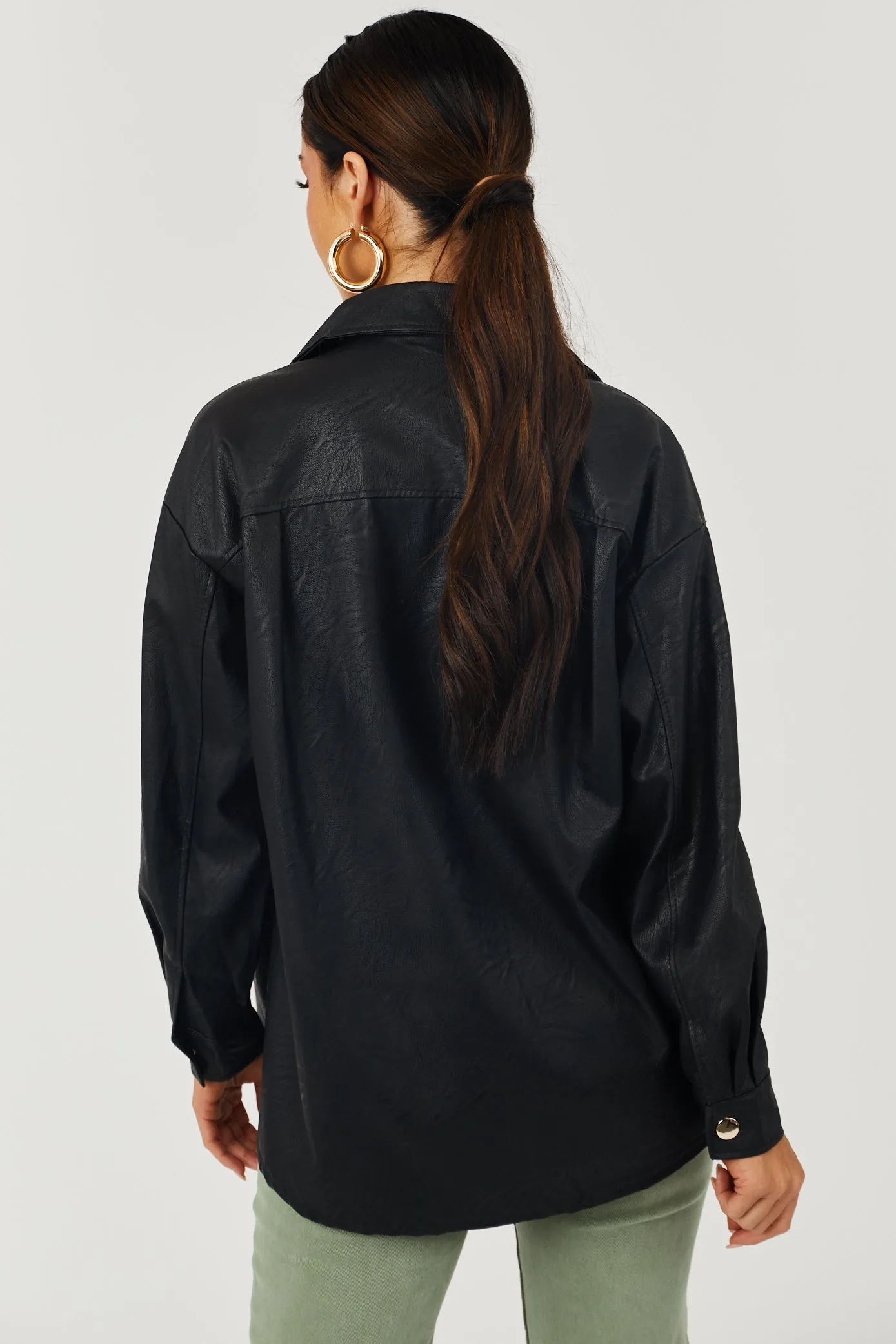 Black Faux Leather Gold Button Down Shacket