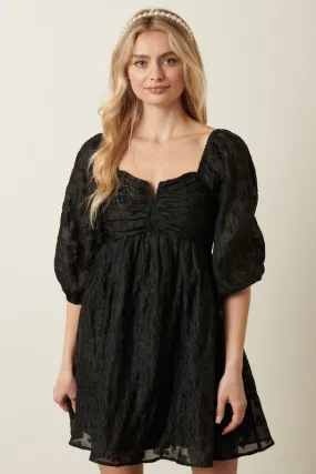 Black Flower Jacquard Babydoll Dress