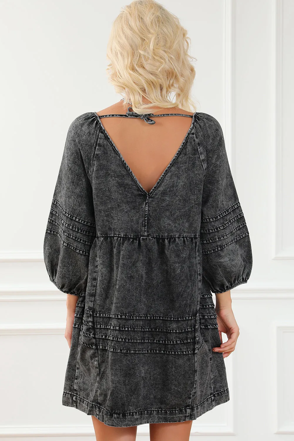 Black Pleated V Neck Puff Sleeve Denim Babydoll Dress