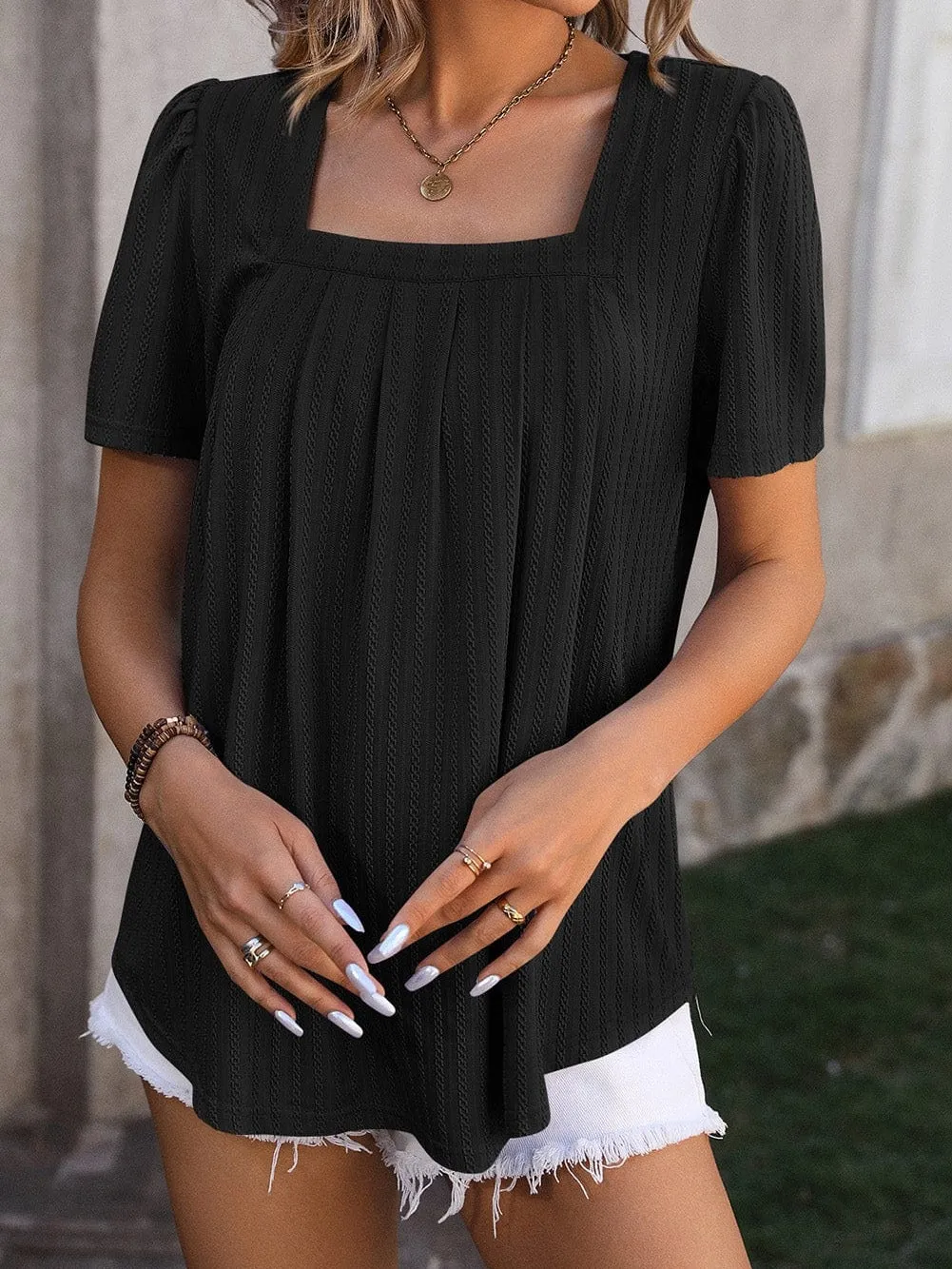 Black Textured Square Neck Babydoll Blouse with Short Sleeves