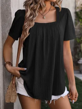 Black Textured Square Neck Babydoll Blouse with Short Sleeves