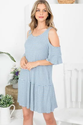 BLUE THERMAL STRIPE COLD SHOULDER TIERED KNIT DRESS