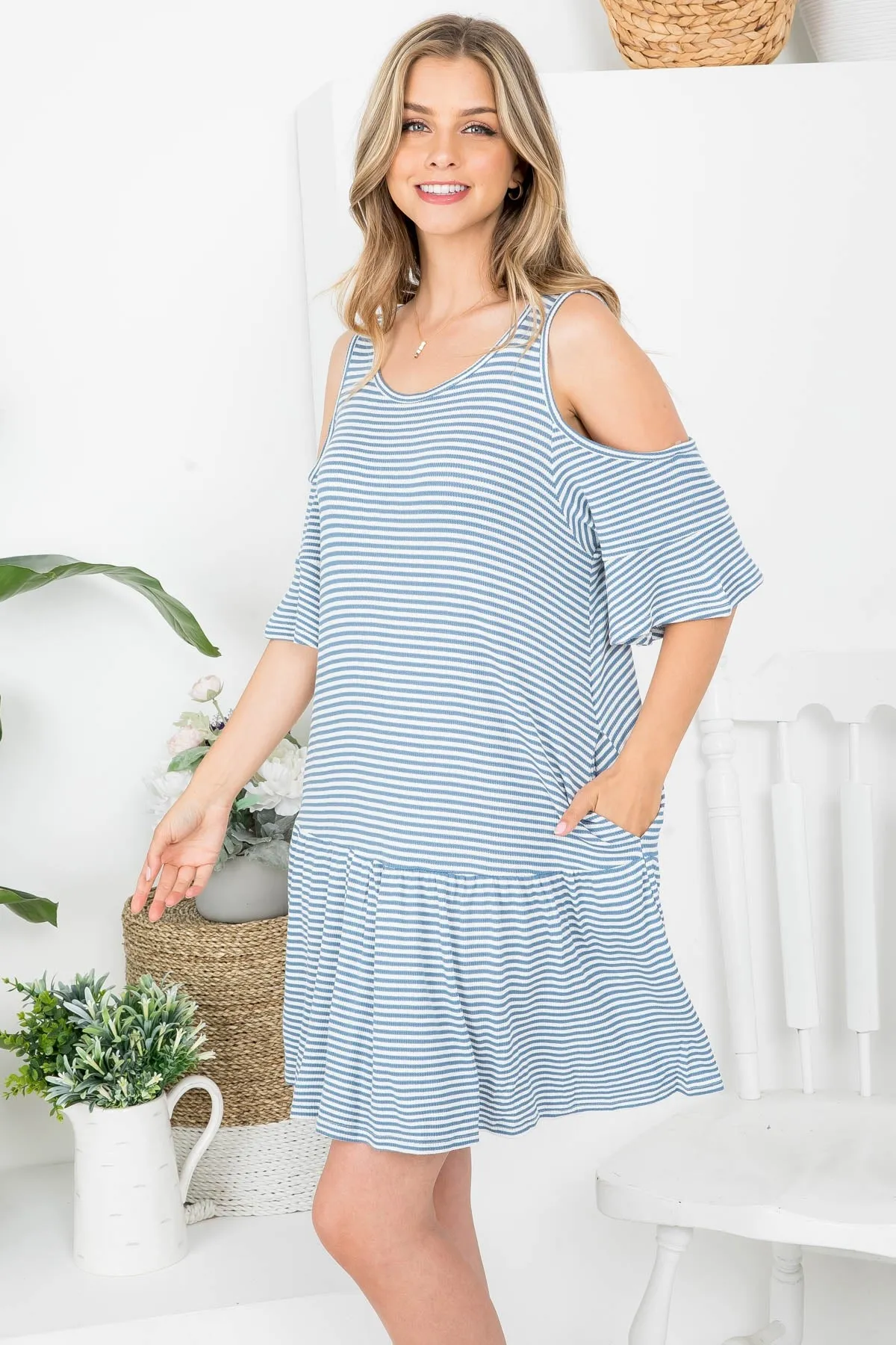 BLUE THERMAL STRIPE COLD SHOULDER TIERED KNIT DRESS