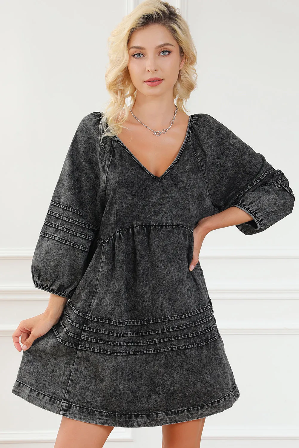 Blue Zone Planet |  Black Pleated V Neck Puff Sleeve Denim Babydoll Dress