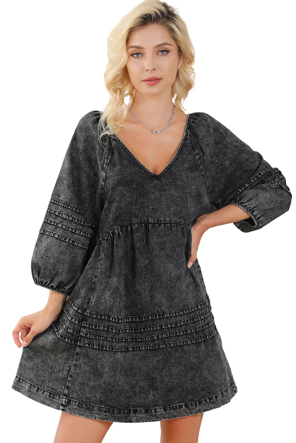 Blue Zone Planet |  Black Pleated V Neck Puff Sleeve Denim Babydoll Dress