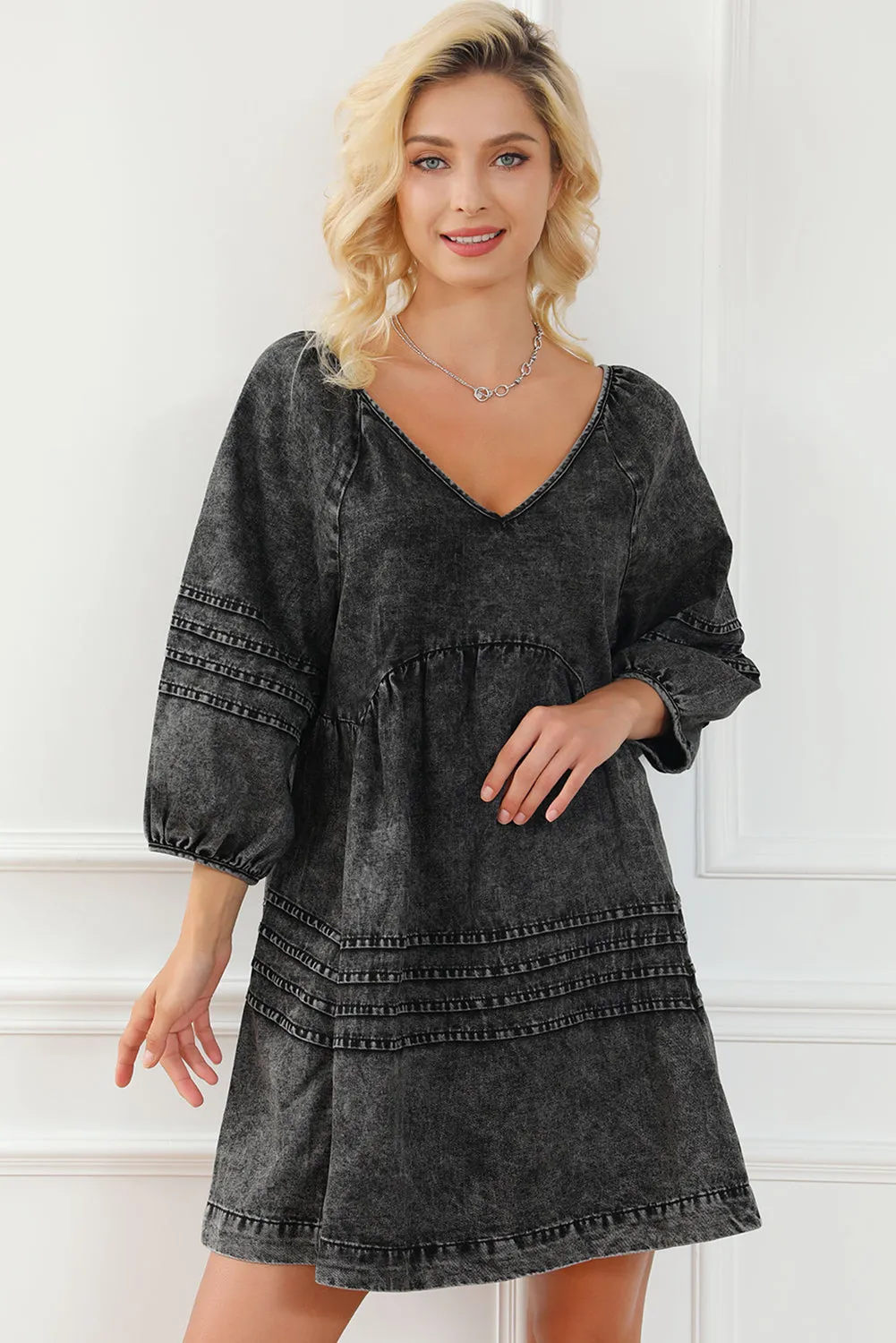 Blue Zone Planet |  Black Pleated V Neck Puff Sleeve Denim Babydoll Dress