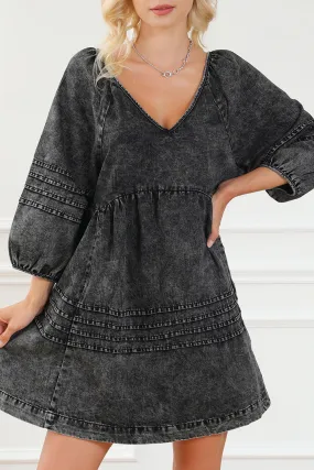 Blue Zone Planet |  Black Pleated V Neck Puff Sleeve Denim Babydoll Dress