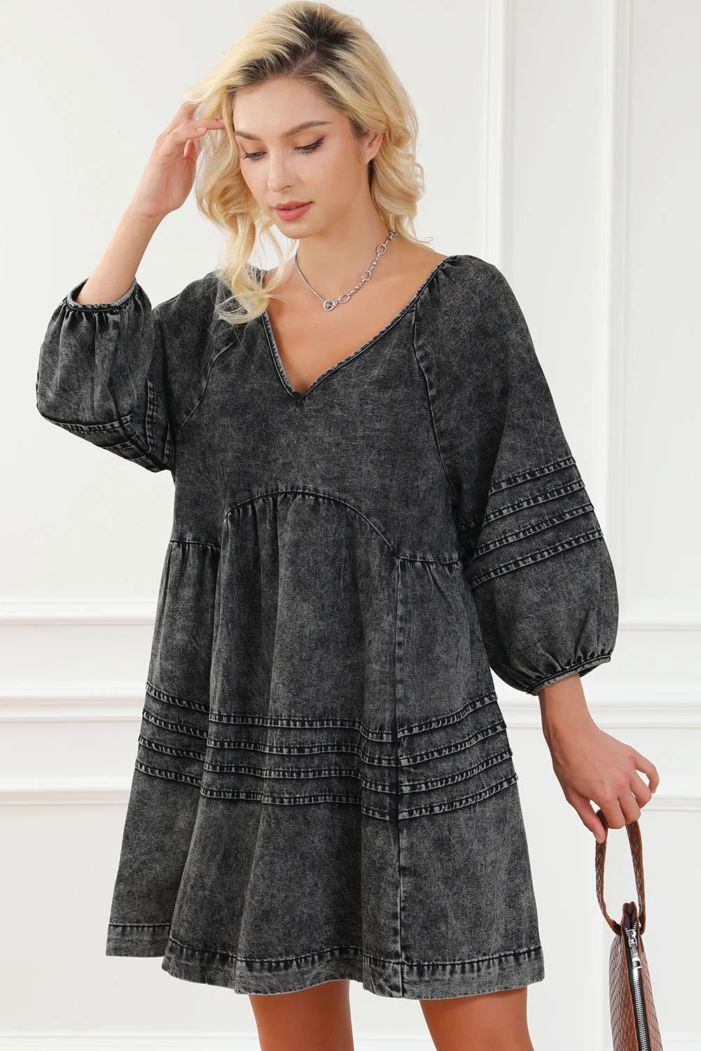 Blue Zone Planet |  Black Pleated V Neck Puff Sleeve Denim Babydoll Dress