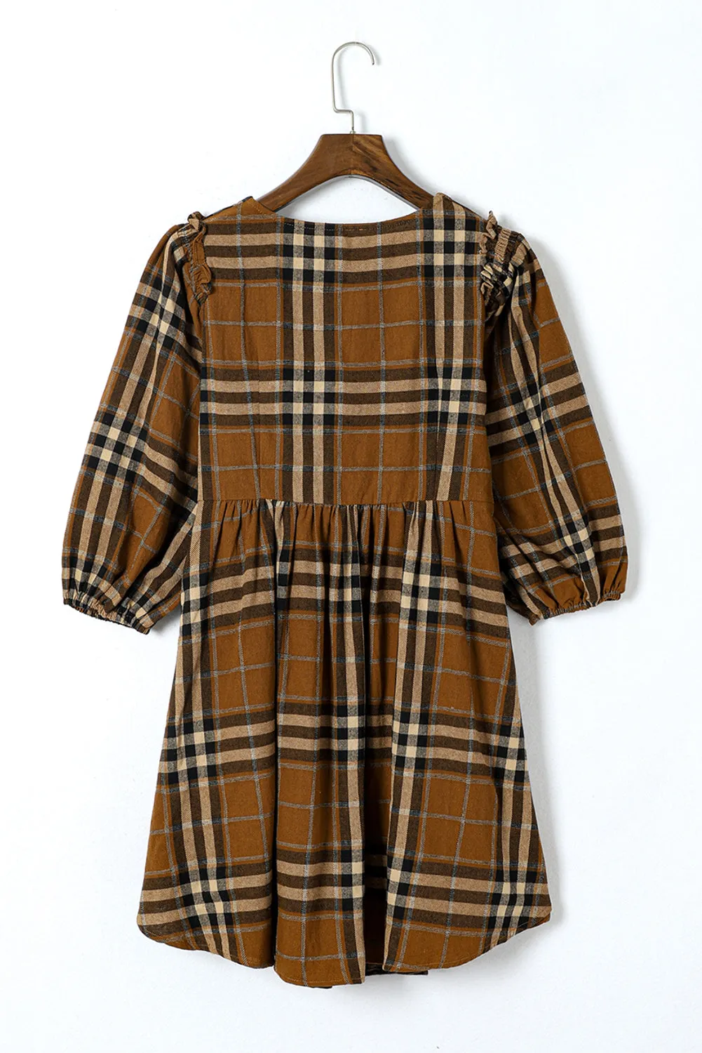 Blue Zone Planet |  Brown Plaid Pattern Empire Waist Babydoll Dress