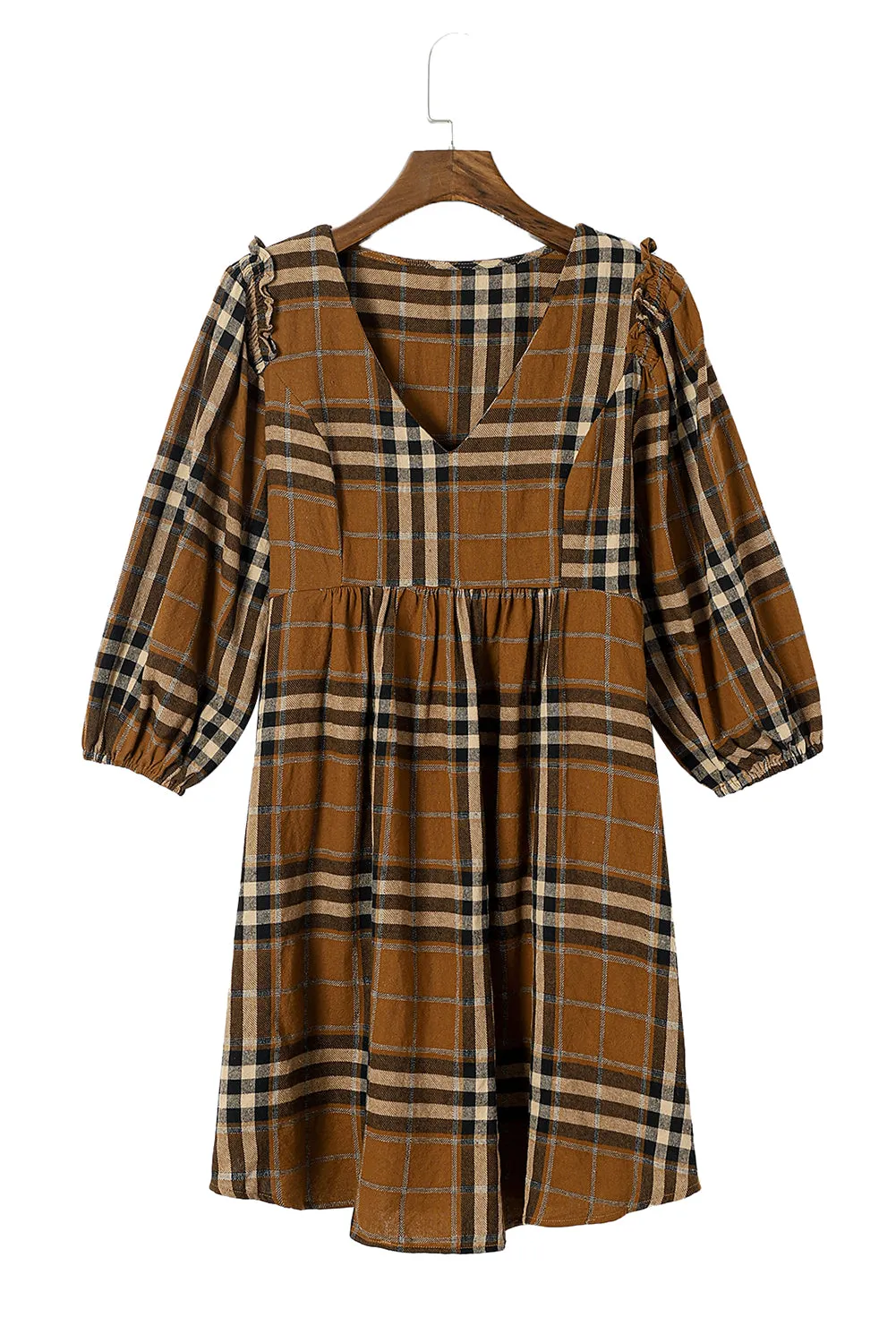 Blue Zone Planet |  Brown Plaid Pattern Empire Waist Babydoll Dress