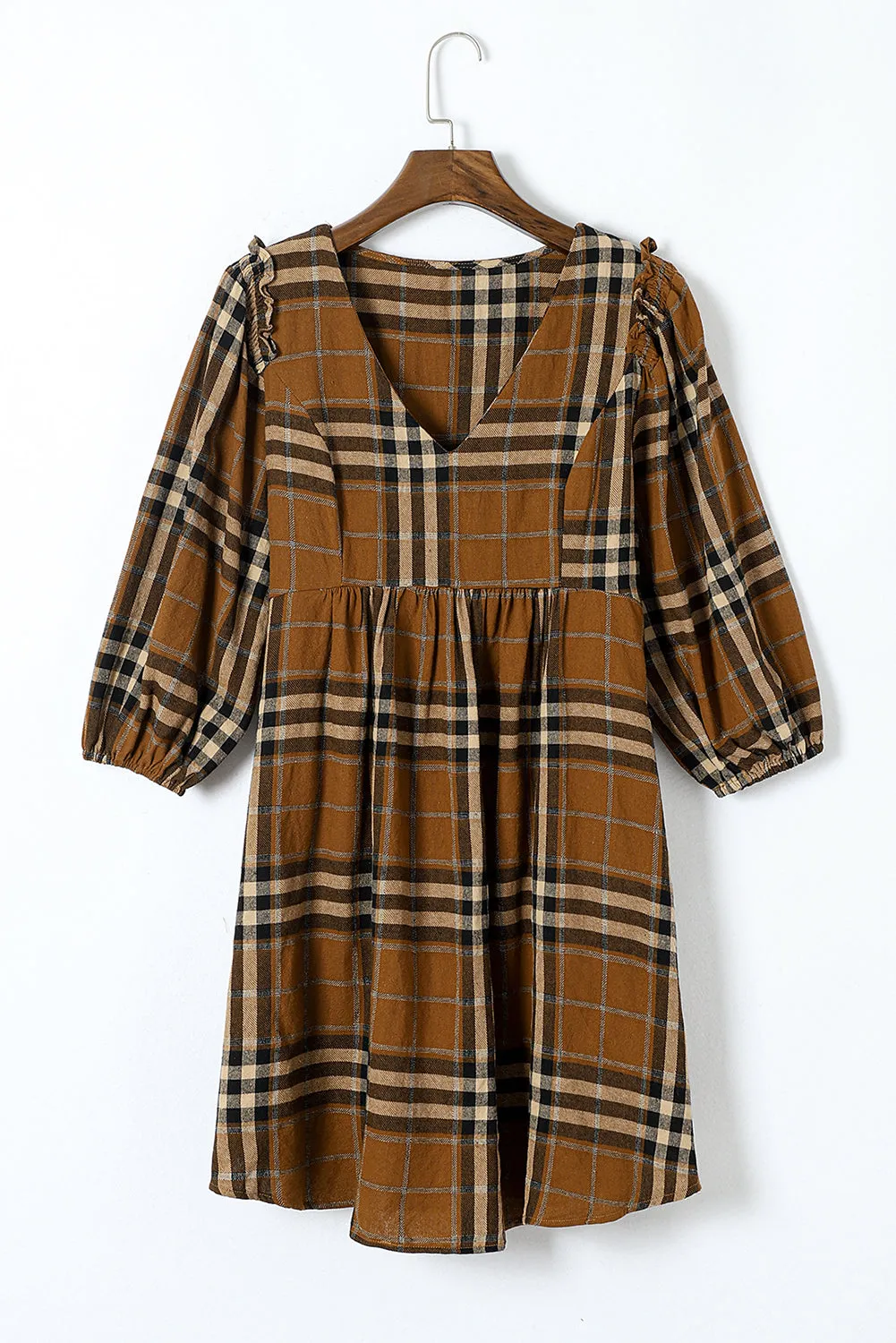 Blue Zone Planet |  Brown Plaid Pattern Empire Waist Babydoll Dress