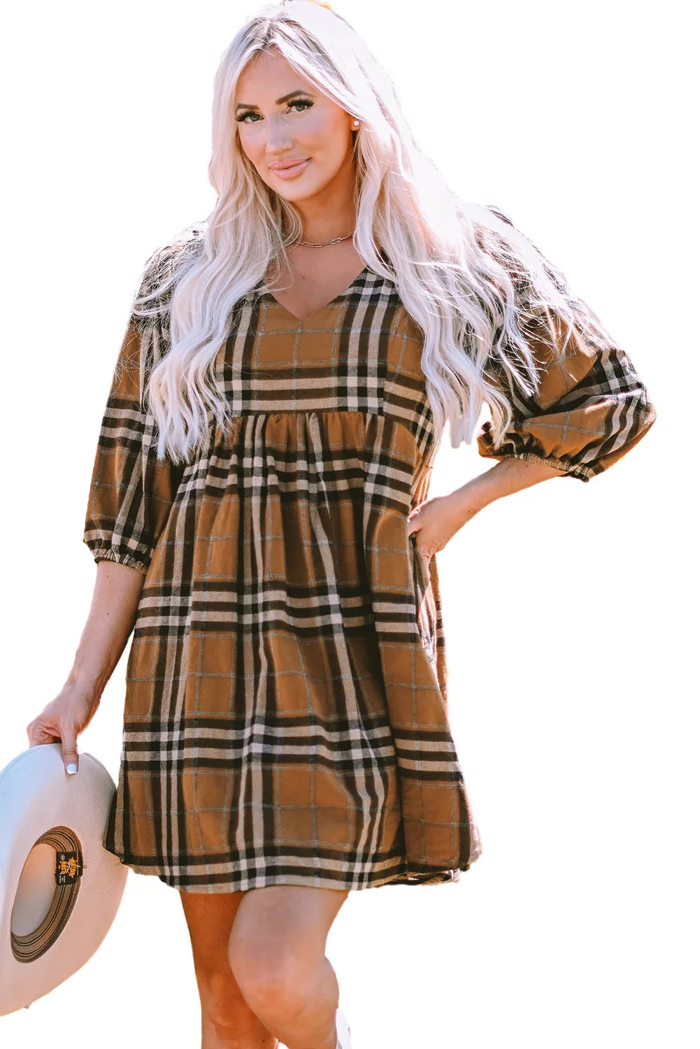 Blue Zone Planet |  Brown Plaid Pattern Empire Waist Babydoll Dress