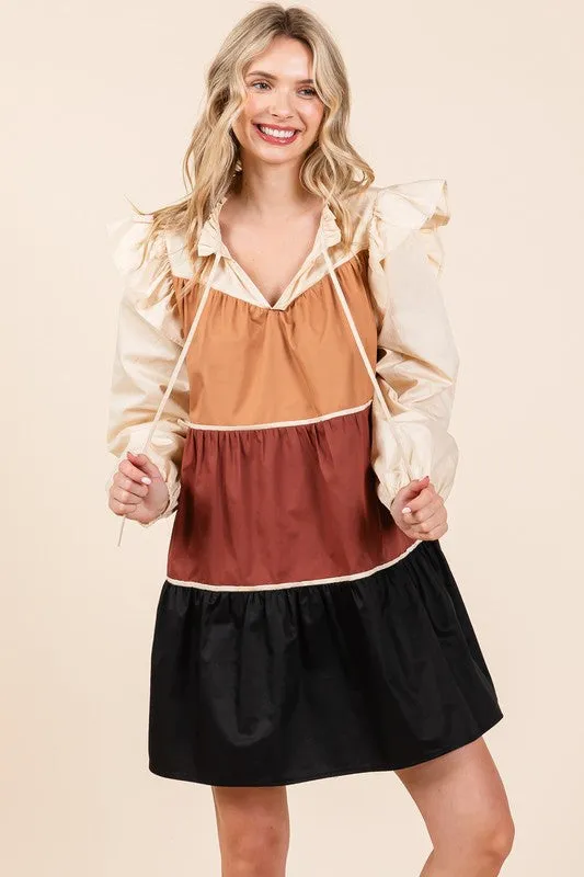 Bohemian Babydoll Tiered Color Block Mini Dress