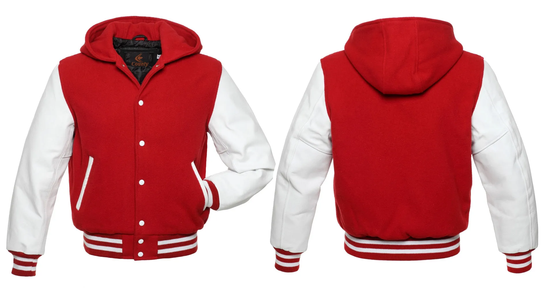 Bomber Varsity Letterman Baseball Hoodie Jacket Red Body White Leather Sleeves