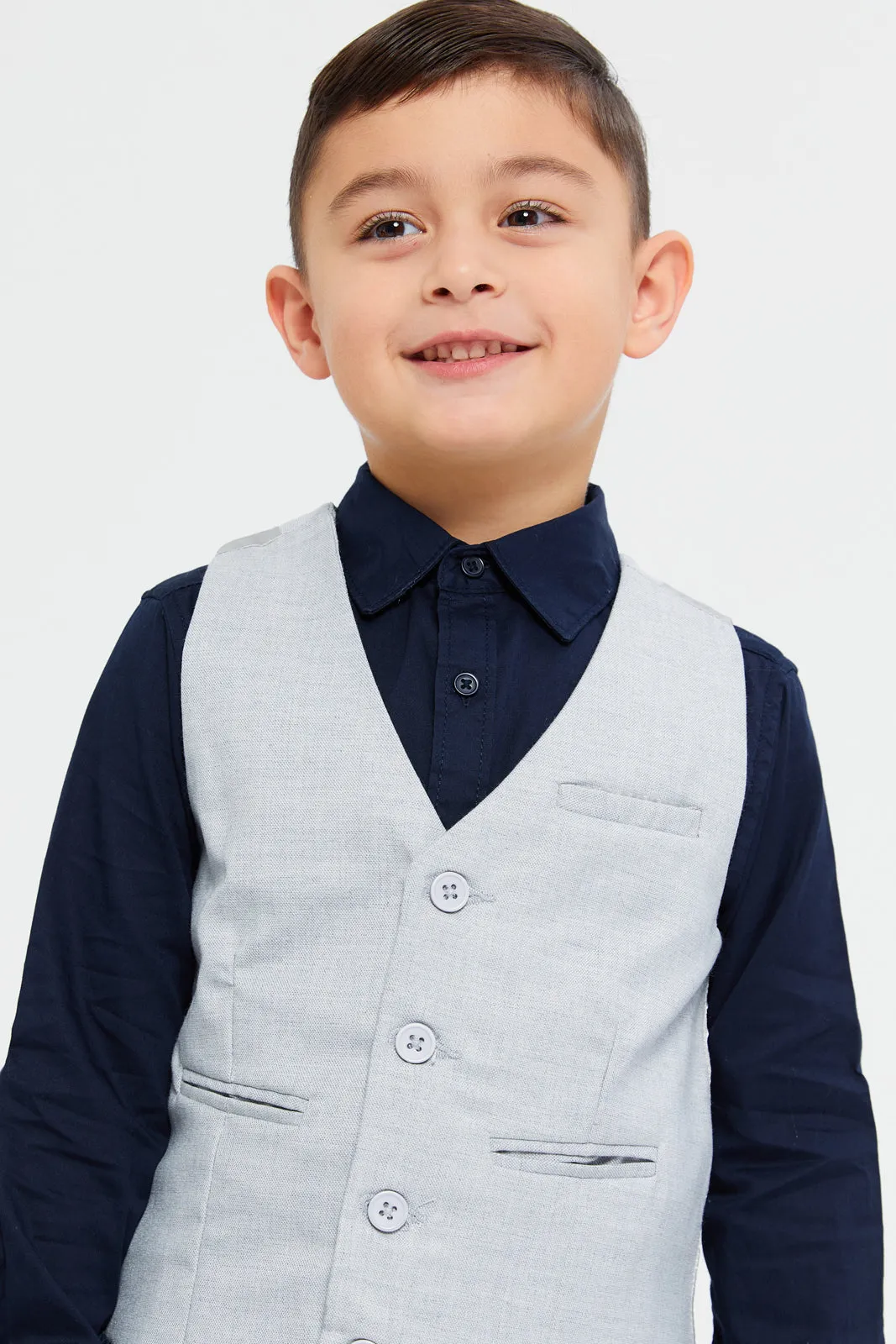 Boys Grey And Navy Vest And Shirt Set (2 Piece)