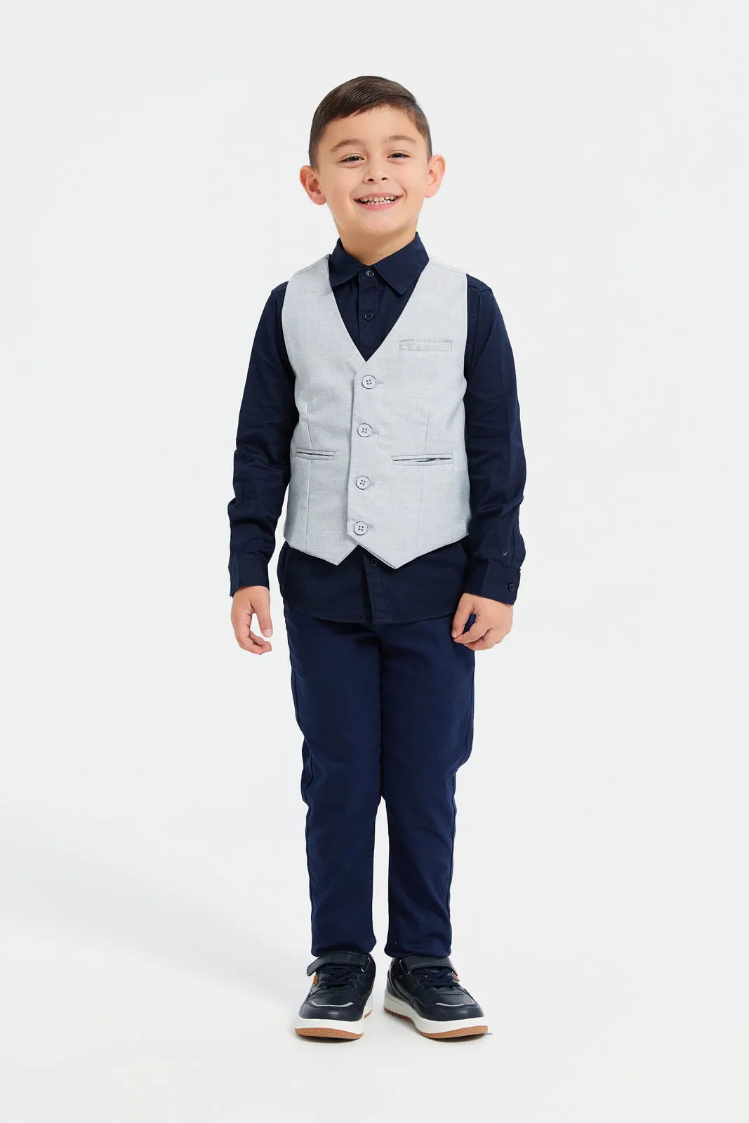 Boys Grey And Navy Vest And Shirt Set (2 Piece)