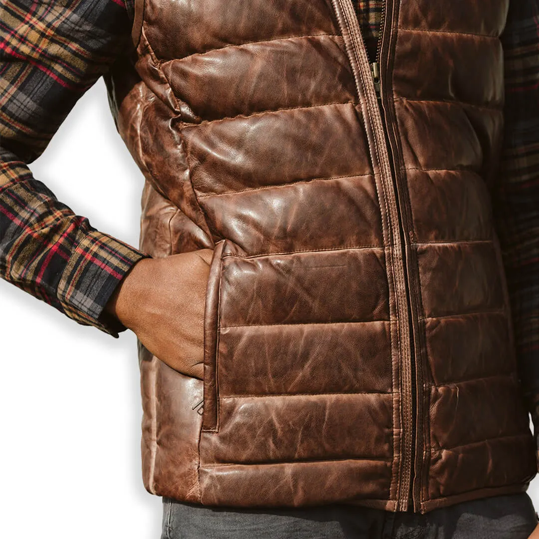 Brown Leather Puffer Vest