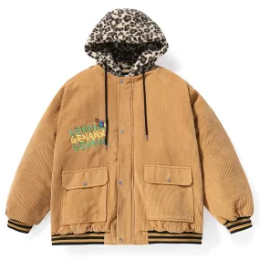 Brown Letter Embroidery Leopard Hooded Padded Coat