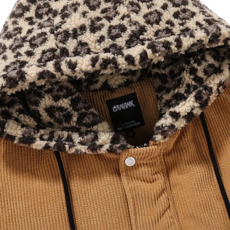 Brown Letter Embroidery Leopard Hooded Padded Coat