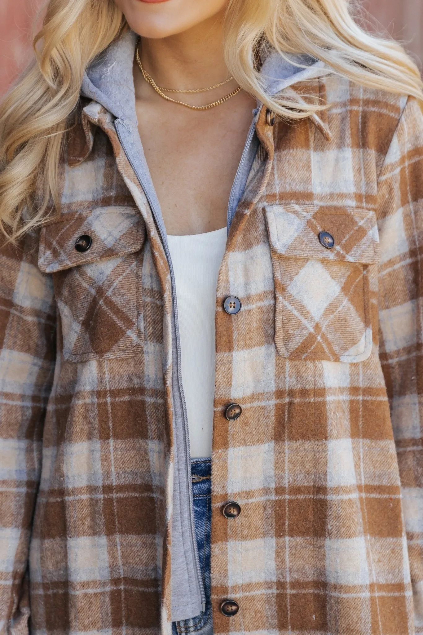 Brown Plaid Hooded Shacket - FINAL SALE