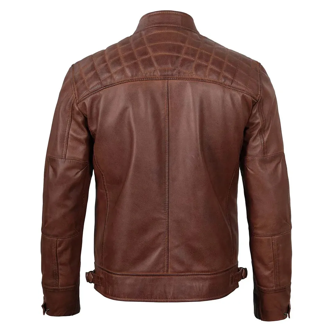 Brown Quilted Cafe Racer Leather Jacket