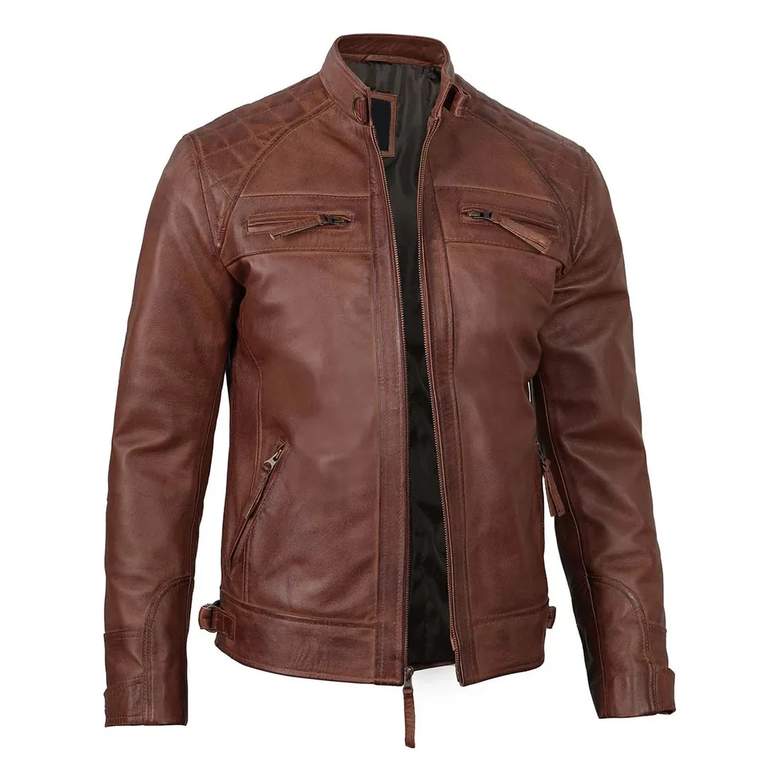 Brown Quilted Cafe Racer Leather Jacket