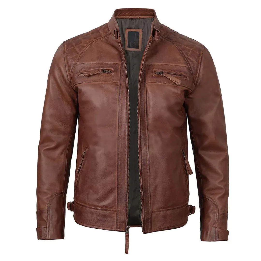 Brown Quilted Cafe Racer Leather Jacket