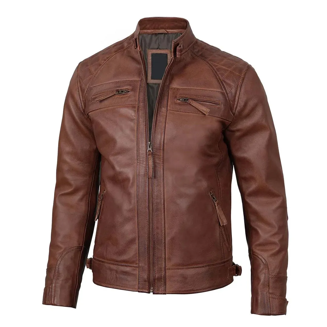 Brown Quilted Cafe Racer Leather Jacket